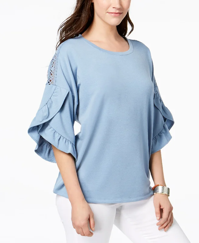 Ruffled Crochet-Inset Sweatshirt Hoodie with Tied Waist Feminine Flattering