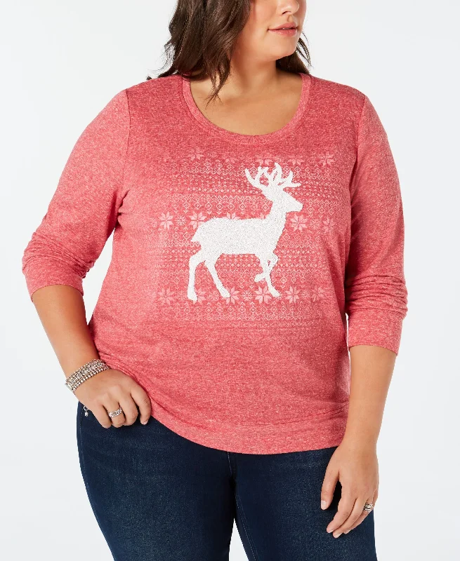 Style & Co Plus Size Reindeer Sweatshirt Hoodie with Back Slit Movement Comfort