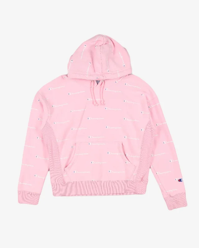 Vintage Champion all over script print hoodie - M Oversized Hoodie Comfort Casual