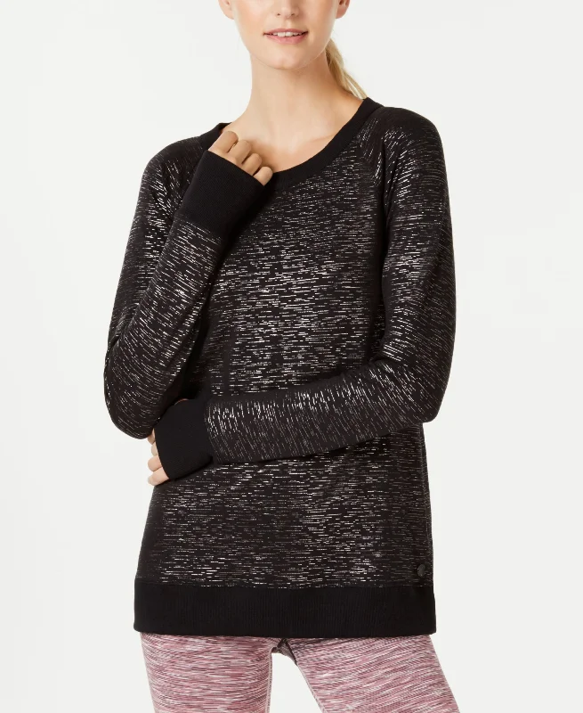 Ideology Metallic Cross Back Sweatshirt Hoodie with Mock Neck Collared Structured