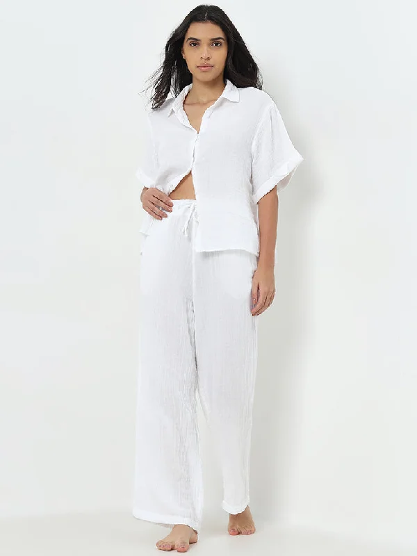 Wunderlove White Crinkled High-Rise Cotton Beach Pants Classic Straight Pants