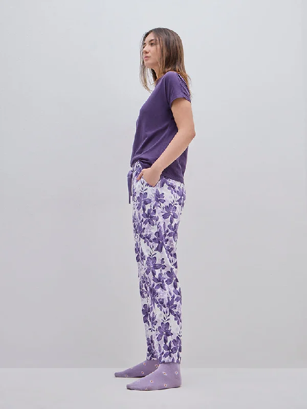 Wunderlove Purple Printed High-Rise Cotton Lounge Pants Lightweight Jogger Pants