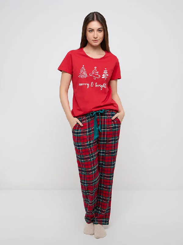Wunderlove Red Checkered High-Rise Lounge Pants Soft Stretch Leggings