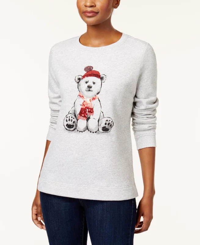 Karen Scott Holiday Bear Print Sweatshirt Hooded Sweatshirt Casual Wear Street Style