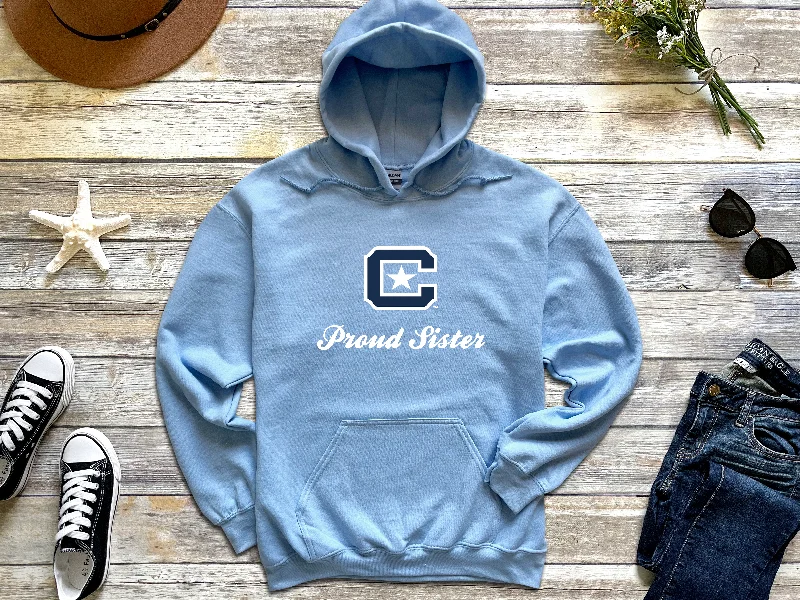 The Citadel Block C Star logo, Proud Sister, Heavy Blend™ Hooded Sweatshirt Hoodie with Distressed Vintage Worn The Citadel Block C Star logo, Proud Sister, Heavy Blend™ Hooded Sweatshirt Hoodie with Distressed Vintage Worn