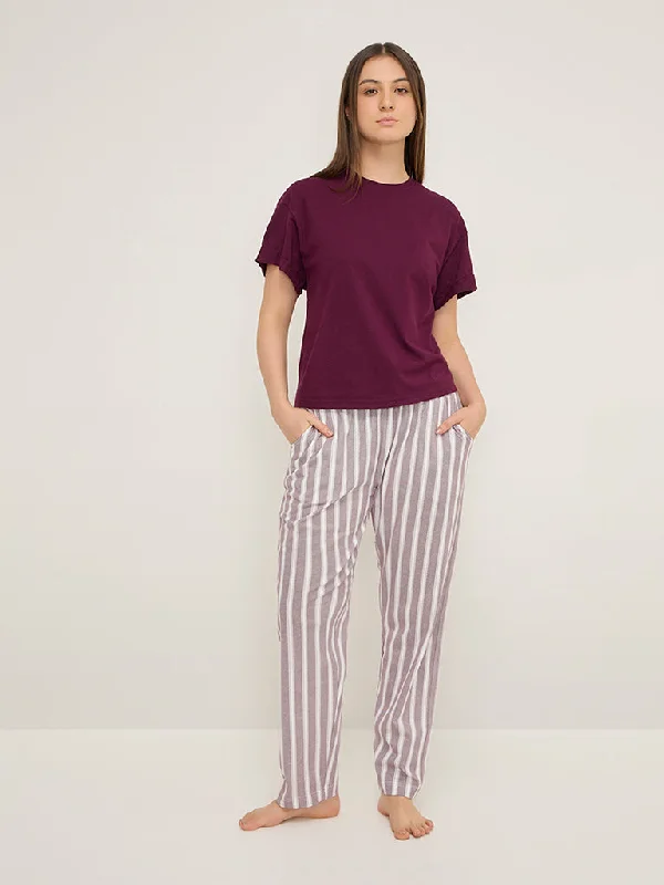 Wunderlove Dark Purple Stripe High-Rise Cotton Lounge Pants Trendy Palazzo Pants
