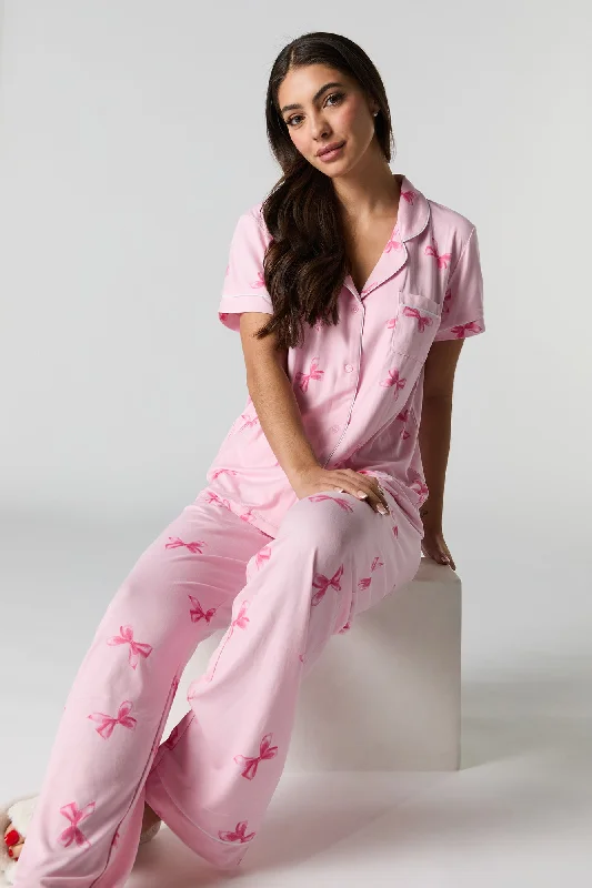 Collared Button-Up Top & Pant 2 Piece Pajama Set Trendy Work Pants