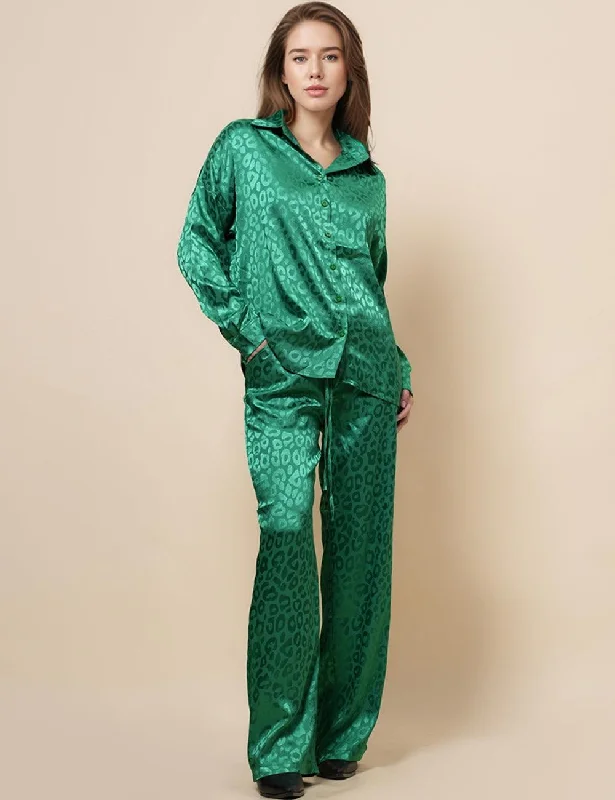 Ladies Leopard Satin Trundown Collar 2PCS Pants Set SKST4960 Fashionable Button-Up Pants