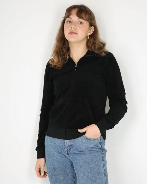 Juicy couture black backprint pink velour track sweatshirt - M Hoodie with Zipper Placket Modern Functional