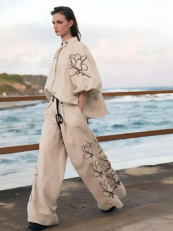 Women's Trendy Set Vintage Cotton Linen Stand Collar Lantern Sleeve Loose Flower Tops Wide Leg Oversize Pants High Fashion Clothes Modern Bootcut Pants Women's Trendy Set Vintage Cotton Linen Stand Collar Lantern Sleeve Loose Flower Tops Wide Leg Oversize Pants High Fashion Clothes Modern Bootcut Pants