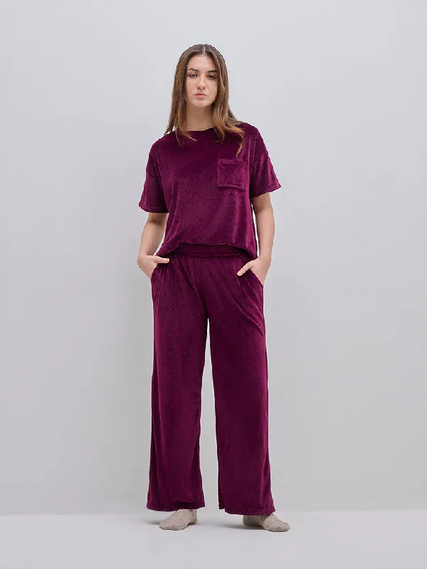 Wunderlove Purple Corduroy High-Rise Lounge Pants Fashionable Button-Up Pants