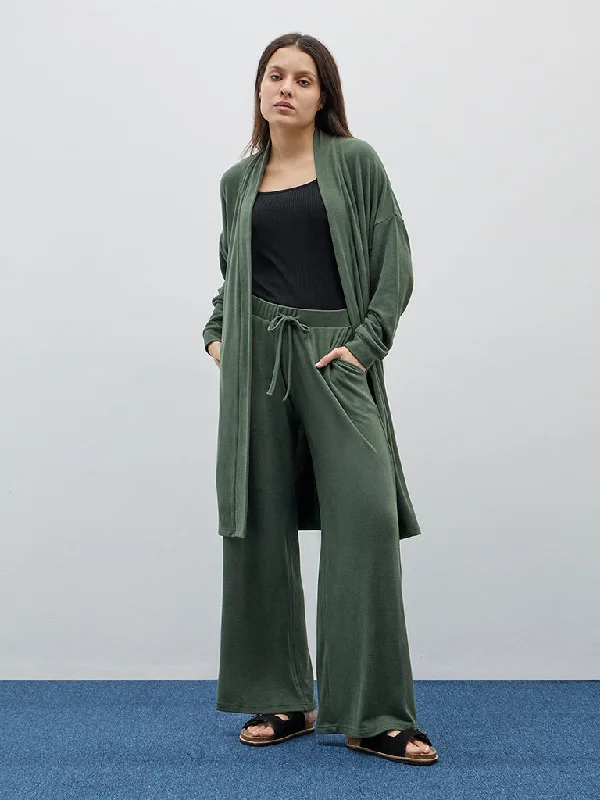 Wunderlove Olive High-Rise Lounge Pants Elegant Silk Pants