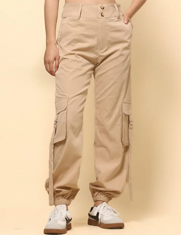 Ladies Solid Color Pockets High Wait Pants SKP4749 Comfortable Jogger Trousers