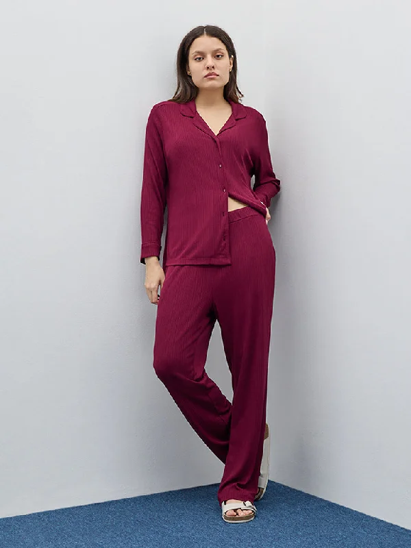 Wunderlove Maroon Supersoft Ribbed High-Rise Lounge Pants Comfortable Fleece Pants