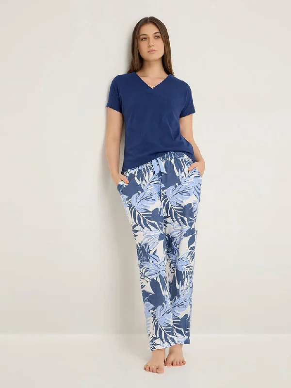 Wunderlove White Botanical Printed High-Rise Lounge Pants Comfy Zip-Up Pants