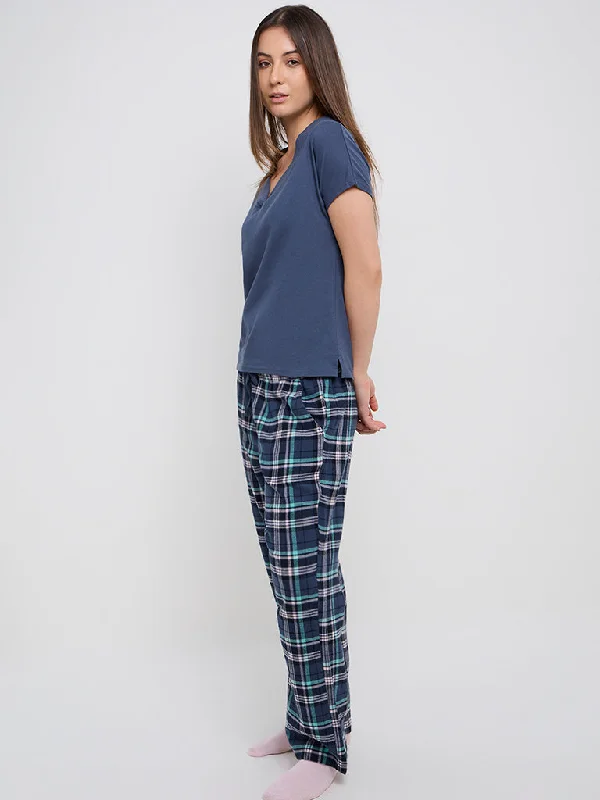 Wunderlove Navy Checkered High-Rise Cotton Lounge Pants Trendy Printed Leggings
