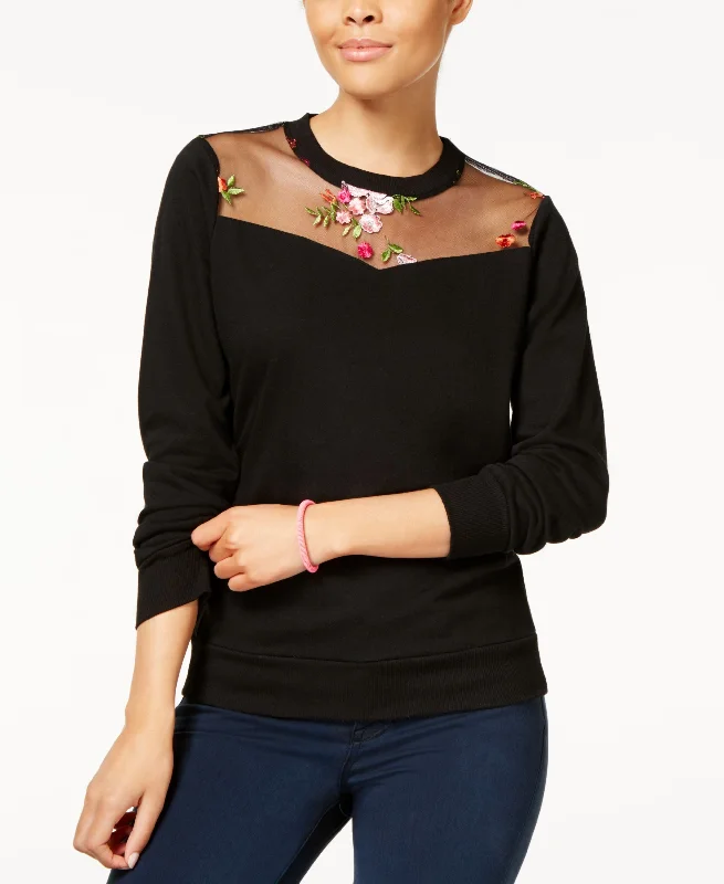 Say What Juniors Illusion Floral Embroidered Sweatshirt Hoodie with Raw Hem Edgy Unfinished Say What Juniors Illusion Floral Embroidered Sweatshirt Hoodie with Raw Hem Edgy Unfinished