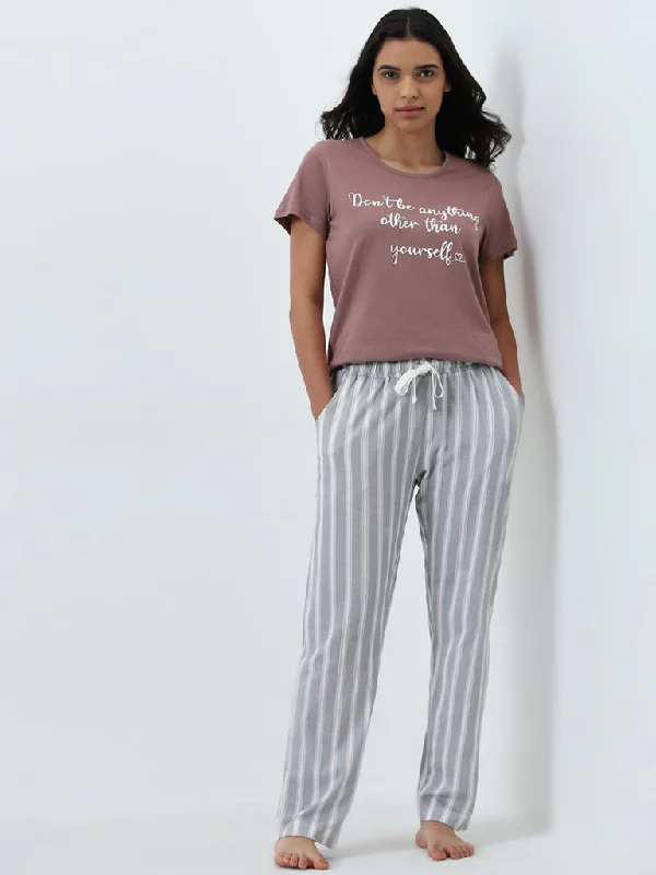 Wunderlove Grey Striped High-Rise Cotton Lounge Pants Stylish Casual Pants
