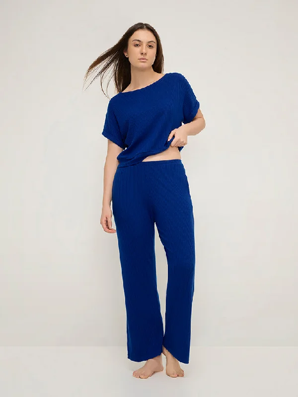 Wunderlove Blue Ribbed High-Rise Lounge Pants Sleek Black Pants