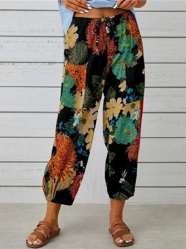 Printed Tied Cropped Pants Fashionable Button-Up Pants