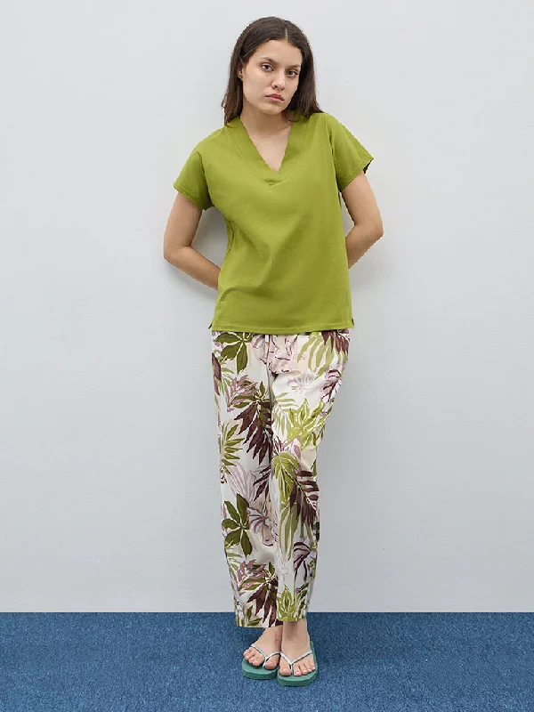 Wunderlove Green Leaf-Printed High-Rise Lounge Pants Formal Slim Pants