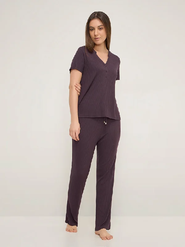 Wunderlove Purple Ribbed Modal High-Rise Lounge Pants Stylish Casual Pants