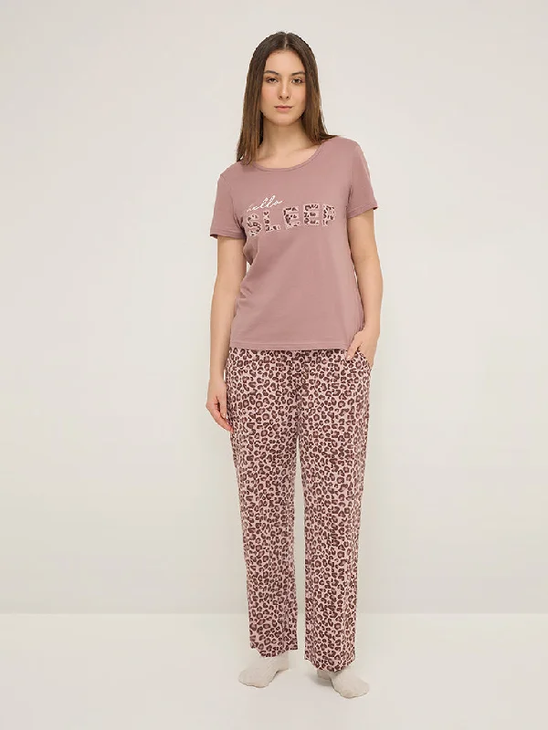 Wunderlove Brown Animal Print High-Rise Cotton Lounge Pants Formal Dress Pants