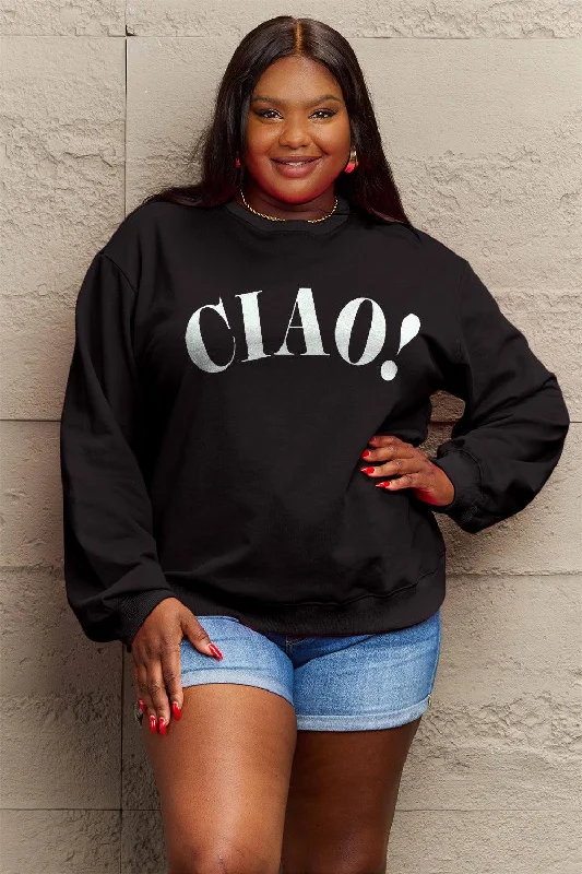 Simply Love Full Size CIAO！Round Neck Sweatshirt Hoodie with Half-Zip Sporty Casual