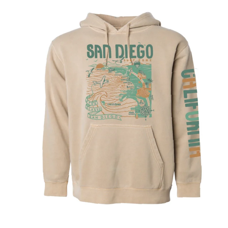 SunDiego Map Hoodie - Pigment Sandstone/Dark Teal/Turquoise/Rust Hoodie with Frayed Bohemian Relaxed SunDiego Map Hoodie - Pigment Sandstone/Dark Teal/Turquoise/Rust Hoodie with Frayed Bohemian Relaxed