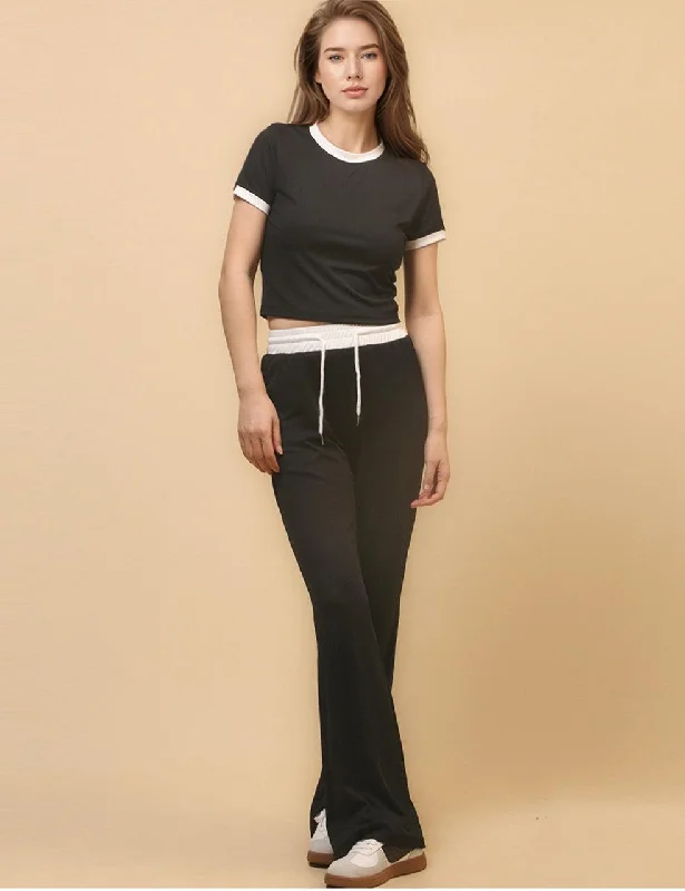 Ladies Rib Short Sleeves Stright Leg Pants 2PCS Set SKST4668 Chic Wool Trousers