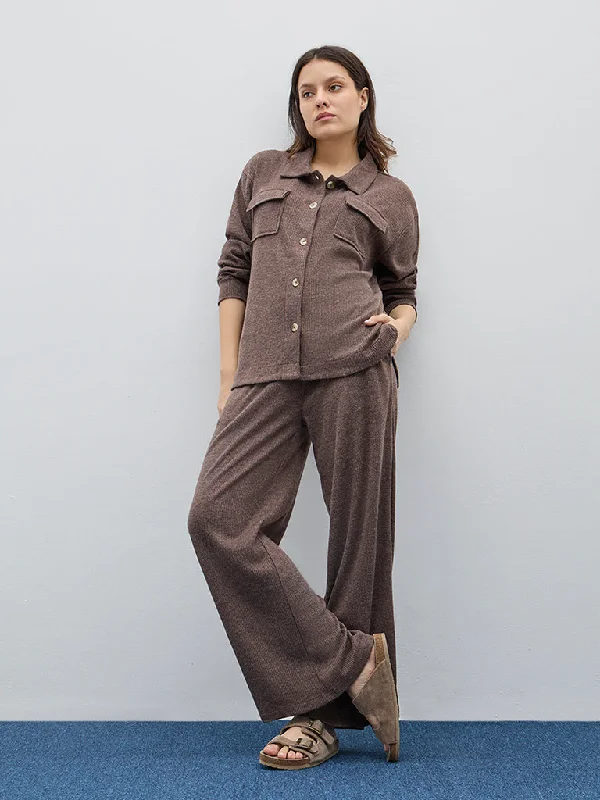 Wunderlove Dark Brown Ribbed High-Rise Lounge Pants Cozy Jogger Leggings