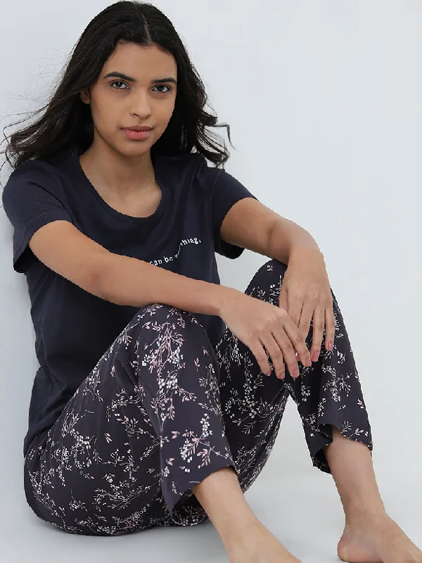 Wunderlove Dark Grey Floral Printed High-Rise Lounge Pants Soft Stretch Leggings