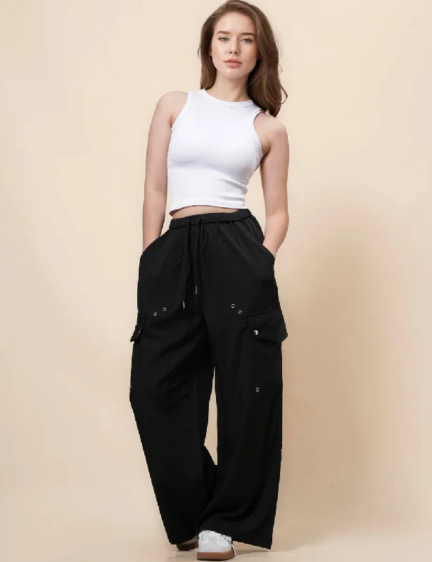 Ladies Black Elastic Waist Eyelets Pockets Pants SKP371 Trendy Work Pants