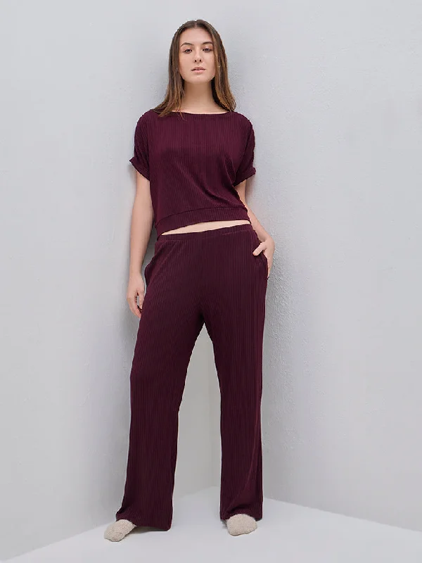 Wunderlove Purple Ribbed Cotton Blend Lounge Pants Trendy Work Pants