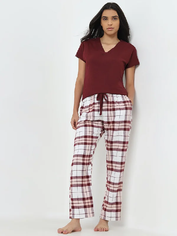 Wunderlove Burgundy Checkered Mid-Rise Cotton Lounge Pants Comfortable Pleated Pants