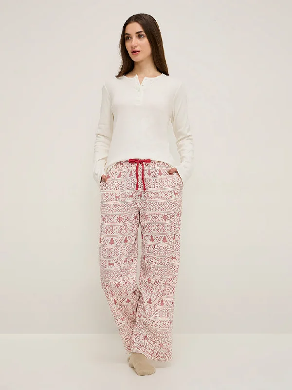 Wunderlove Off-White Waffle-Textured High-Rise Lounge Pants Formal Wide-Leg Pants