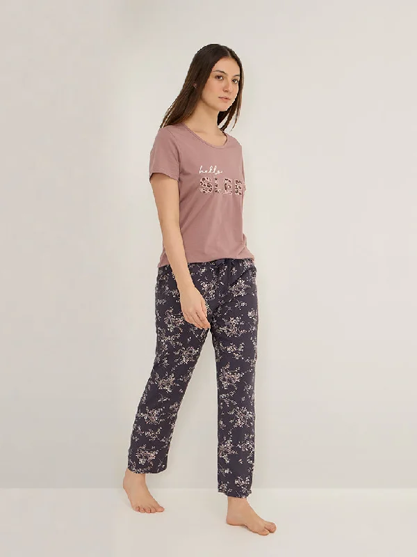 Wunderlove Dark Blue Botanical Print High-Rise Lounge Pants High-Waist Trousers