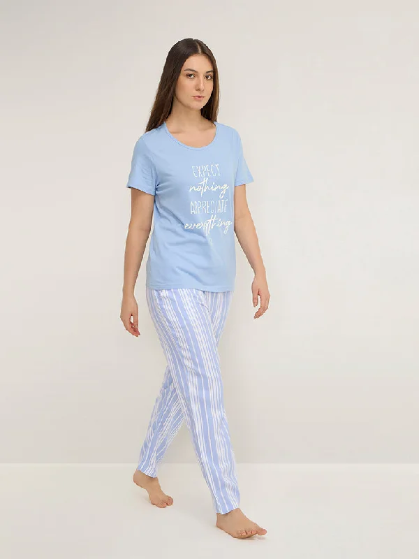 Wunderlove Light Blue Striped High-Rise Lounge Pants Elegant Dress Pants