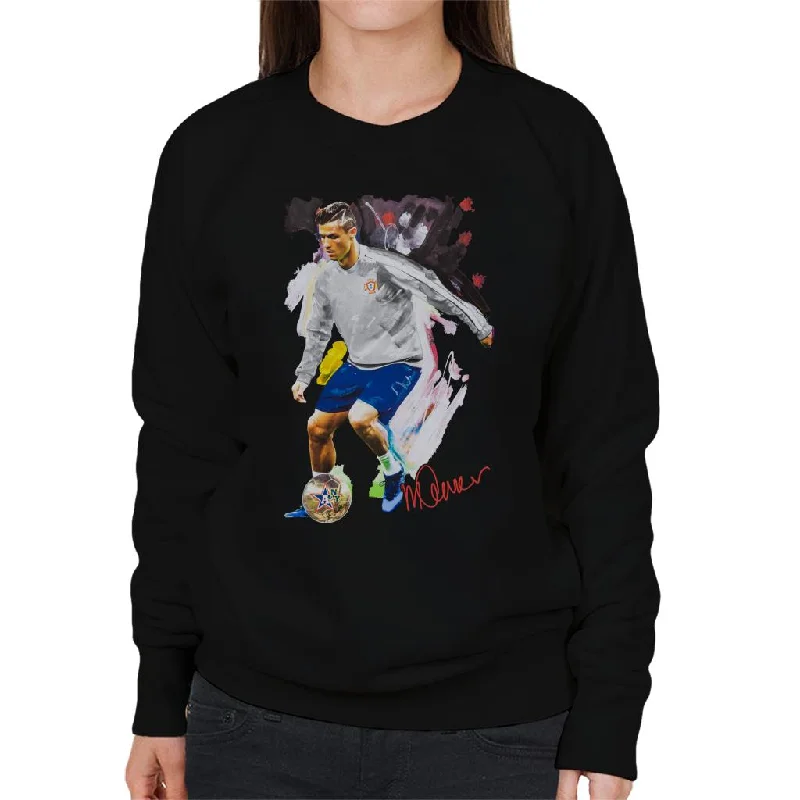 Sidney Maurer Original Portrait Of Cristiano Ronaldo Dribbling A Football Women's Sweatshirt Hoodie with Slit Hem Functional Movement Sidney Maurer Original Portrait Of Cristiano Ronaldo Dribbling A Football Women's Sweatshirt Hoodie with Slit Hem Functional Movement