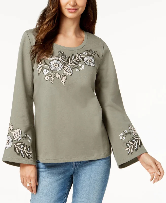Style & Co Cotton Embroidered Sweatshirt Hoodie with Lace Feminine Delicate