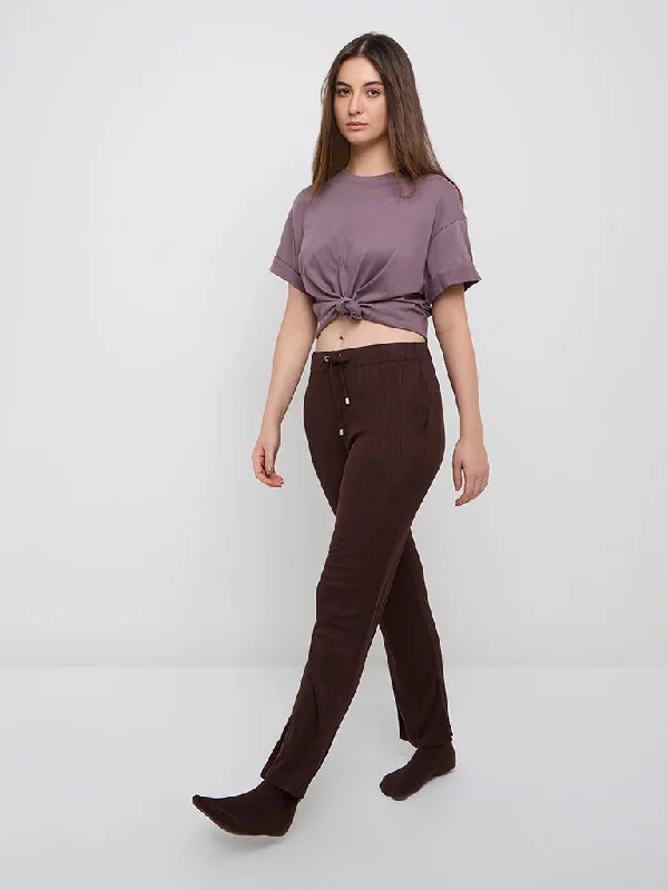 Wunderlove Brown Ribbed High-Rise Lounge Pants Soft Wool Pants