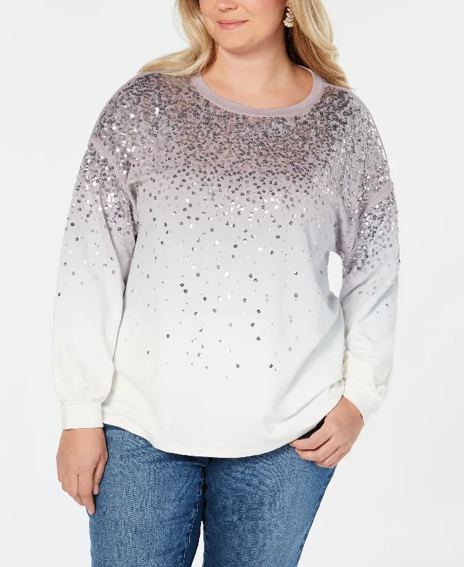 I.N.C. Plus Size Sequined Dip-Dye Sweatshirt Hoodie with Hem Contrast Bold Stylish
