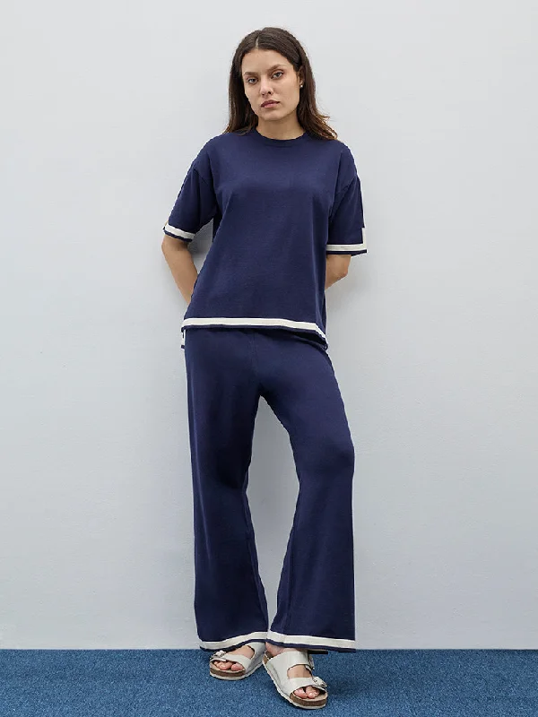 Wunderlove Navy Knitted High-Rise Lounge Pants Elegant Wool Trousers