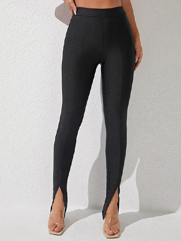 High Waist Slit Skinny Pants Chic Faux Leather Pants