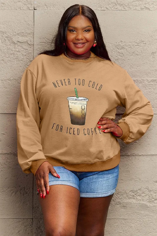 Simply Love Full Size NEVER TOO COLD FOR ICED COFFEE Round Neck Sweatshirt Hoodie with Applique Textured Unique Simply Love Full Size NEVER TOO COLD FOR ICED COFFEE Round Neck Sweatshirt Hoodie with Applique Textured Unique