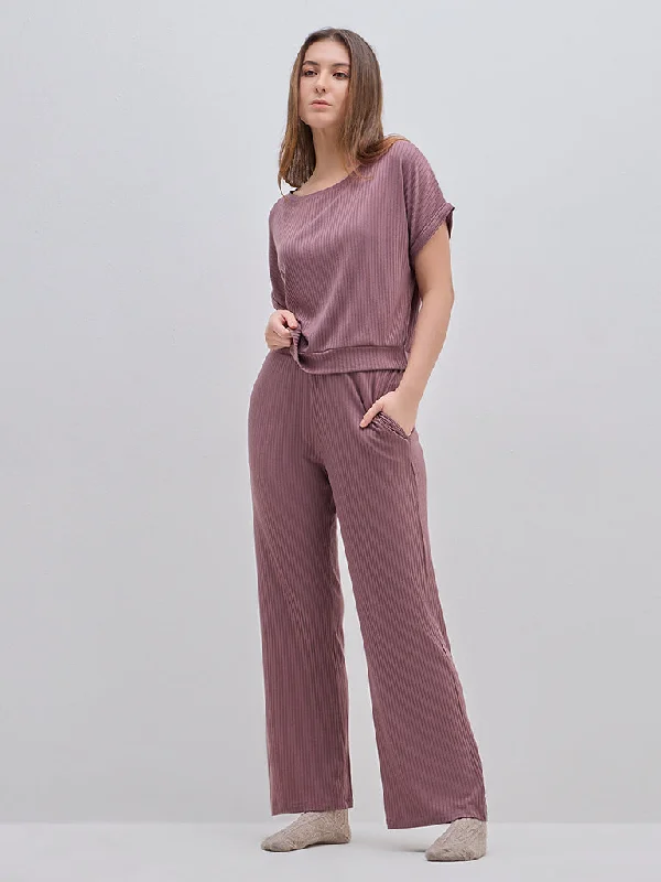Wunderlove Mauve Ribbed High-Rise Cotton Blend Lounge Pants Stretch Fit Pants