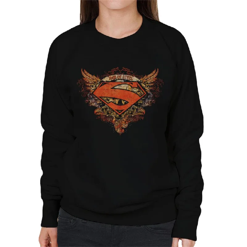 Superman Wings Tattoo Man Of Steel Women's Sweatshirt Hoodie with Hem Frayed Vintage Worn Superman Wings Tattoo Man Of Steel Women's Sweatshirt Hoodie with Hem Frayed Vintage Worn