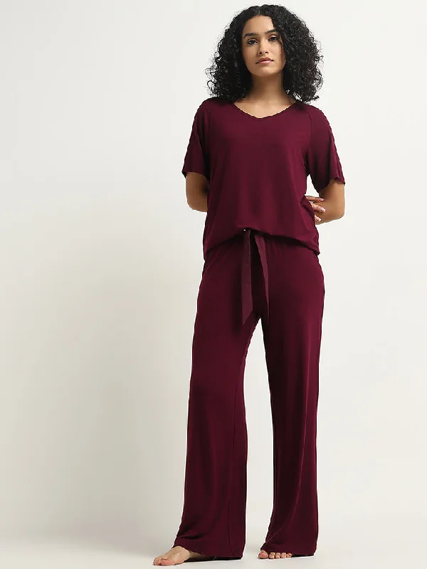 Wunderlove Burgundy Supersoft Solid High-Rise Pants Classic Chino Pants