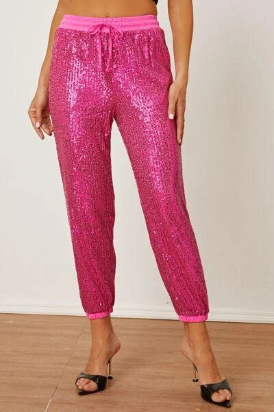 Sequin Drawstring Pants with Pockets Stylish Casual Pants