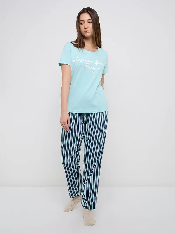 Wunderlove Blue Striped High-Rise Cotton Lounge Pants Soft Stretch Pants
